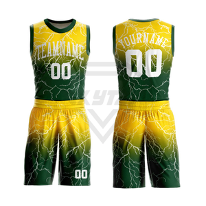 Uniformes de Baloncesto Sublimados Personalizados, Estampado Verde Amarillo Relámpago, Jersey y Pantalones Cortos Deportivos para Hombre, Venta Directa de Fábrica OEM - Product Image 3
