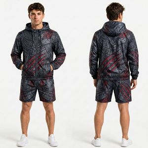 Charcoal Red Line Men Windbreaker Short Sets Durable Polyester Water Repellent <b>Hooded</b> Casual Wear Windbreaker Short Sets - Product Image 1