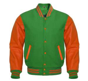 Veste universitaire de baseball en toile verte avec manches en cuir véritable orange, coupe-vent, pour l'hiver, style universitaire - Product Image 5