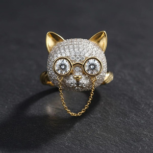 Moissanite <b>Cat</b> & Bunny Animal Themed Cluster <b>Ring</b> 925 Sterling Silver Rhodium Plated Sparkly Cute Luxury for Wedding Gift - Product Image 1