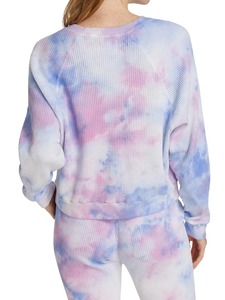 เสื้อไหมพรมลายวาฟเฟิล ย้อมสีฟ้าชมพู สีคอตตอนแคนดี้คลาวด์วอช สำหรับผู้หญิง เสื้อคอกลมแบบสวมใส่สบายๆ ผ้าฝ้าย OEM รับผลิตตามแบบ - Product Image 4
