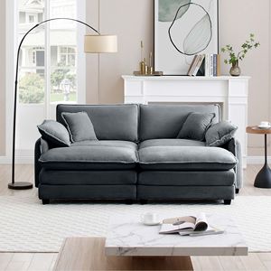 Divano da Teatro a Due Posti in Velluto a Coste Grigio con 2 Poggiapiedi Ottomani per Piccoli Spazi Abitativi per Soggiorno - Product Image 3