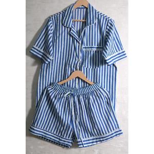 Women Blue Striped Cotton Pajama Set Short Sleeve Turn-Down Collar <b>Button</b> Fly Casual Summer Sleepwear Soft Poplin Material - Product Image 5