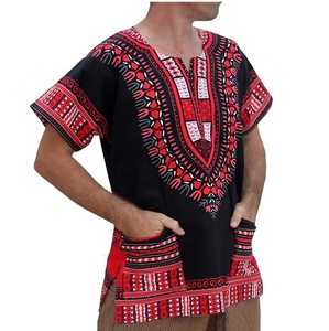 Chemise Dashiki Africaine Respirante pour Homme, Noire et Rouge, Broderie Géométrique, Col en V, Broderie Faite Main, Blouse Décontractée d'Été - Product Image 1