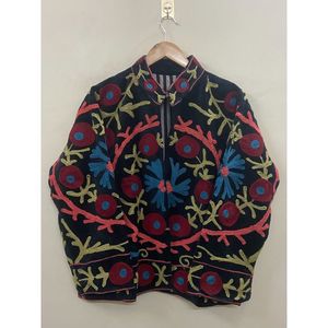 Hand Embroidered <b>Velvet</b> Cotton <b>Jacket</b> <b>Women</b> Mandarin Collar Full Sleeve Winter Bohemian Eye Pattern Open Front Coat - Product Image 1
