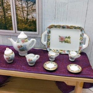 Juego de té de cerámica en miniatura 1:12, vajilla floral pintada a mano para casa de muñecas, juguete para decoración del hogar, para mayores de 14 años - Product Image 4