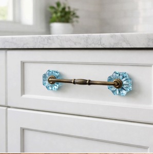 Vintage Glass Drawer Pull Faceted Aqua Crystal Antique Brass Finish Ornate Floral Design for Cabinets and Drawers - Product Image 3