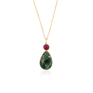 Minimalist gemstone <b>necklace</b> mohave <b>ruby</b> with emerald copper turquoise double stone pendant 18k gold plated bezel set <b>necklace</b> - Product Image 1