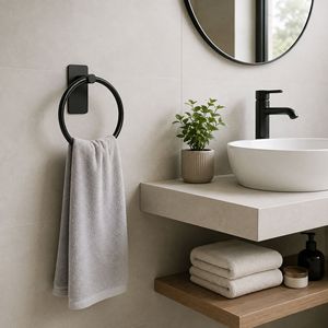 Anneau porte-serviettes moderne en acier inoxydable noir mat de qualité supérieure |   Porte-serviettes mural pour cuisine et salle de bain |   Adhésif puissant - Product Image 3