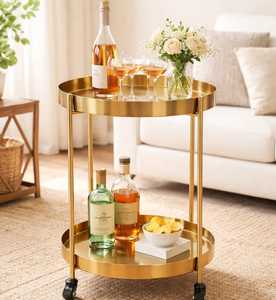 Chariot de service rond de luxe doré à 2 niveaux avec miroir, chariot à boissons et à vin moderne en métal sur roulettes, chariot de service à liqueurs pour la maison - Product Image 2