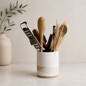 Modern Ceramic Utensil Holder Dual Tone Matte Glaze Compact Design High <b>Fired</b> Durable Kitchen Countertop Storage Organizer - Product Image 1