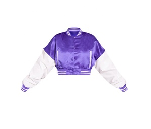 <b>Purple</b> White <b>Varsity</b> <b>Jacket</b> Preppy Style Short Length V-neck Collar Regular Sleeve Cotton Lining Unisex Winter Wear Breathable - Product Image 3