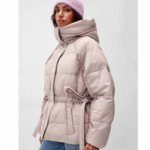 Chaqueta Acolchada Beige para Mujer, con Capucha Desmontable, Cintura Ajustable, Abrigo de Invierno - Product Image 5