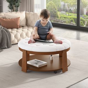 Tavolino da Caffè Moderno a 2 Livelli con Bottoni Trapuntati e Contenitore, Pouf Grande con Ripiano in Legno Imbottito - Product Image 4
