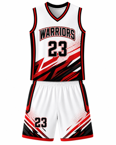 Camiseta y pantalones cortos de baloncesto Trendy Squad con gráficos abstractos de trazos de pincel en rojo, negro y blanco, perfectos para ropa deportiva de equipo - Product Image 1