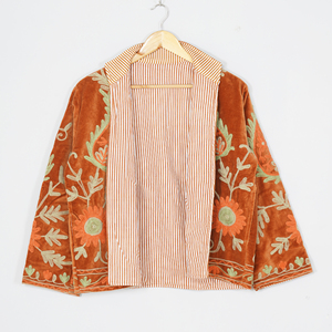 Women Velvet Embroidered <b>Jacket</b> Mandarin Collar Lantern Sleeve Floral Boho Style Autumn Coat Handmade Suzani <b>Pattern</b> - Product Image 5