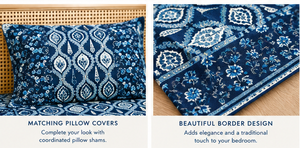 Parure de lit en coton imprimé à la main, motif floral Paisley bleu indigo avec housses de coussin, ensemble de literie indien bohème - Product Image 3