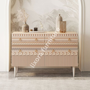 Luxury Handcrafted Solid Wood 6 Drawer Dresser Ornate Tribal Geometric Carving Natural Oak Finish - Product Image 3