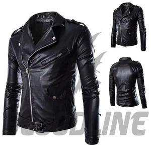 Men's Black PU <b>Leather</b> Moto <b>Jacket</b> Slim Fit Turn-down Collar Zipper Closure <b>Long</b> Sleeve Solid Color Autumn Wear - Product Image 3