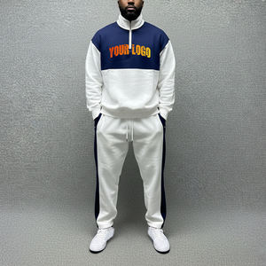 Wholesale Men's Color Blocking Tracksuit Full <b>Zip</b> <b>Sweatshirt</b> With Drawstring Pants Casual Autumn Wear White Navy Cotton - Product Image 3