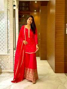 Beautiful Faux Georgette Heavy Embroidery Sequence Work Full Sleeve <b>Top</b> Pant Dupatta Set Modern Design 4 Season Women's Party - Product Image 5