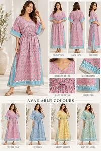 Pink Floral Print Bohemian <b>Kaftan</b> <b>for</b> <b>Women</b> Turquoise Border V-neck Maxi Dress Drawstring Waist All Seasons Resort Wear 100% - Product Image 5