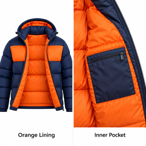 Chaqueta de invierno para hombre de alta calidad, estilo vintage, con capucha y bloques de color, acolchada, con cremallera, gruesa, en azul marino y naranja. - Product Image 3