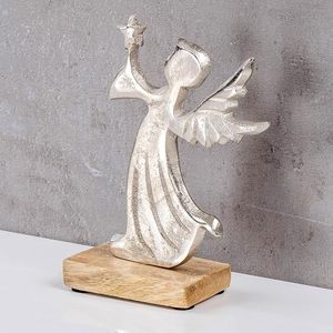 Christmas Decoration Angel Mango Wood Decorative <b>Stand</b> Wood Brown Metal Silver Angel Figure Christmas - Product Image 1