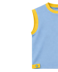 Ensemble décontracté d'été pour homme : débardeur sans manches bleu clair et short en coton avec bordure jaune et cordon de serrage – Ensemble deux pièces tendance - Product Image 3