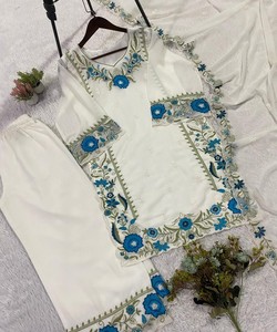 White Embroidered Salwar Kameez Dupatta Traditional Regular Fit Women's Casual Party Wear India Pakistan Style <b>Floor</b>-Length - Product Image 3