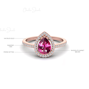 Produits phares : Bague halo en grenat rhodolite taille poire 8x6mm en or massif 14 carats, or rose, bague de fiançailles, cadeau pour Noël - Product Image 4