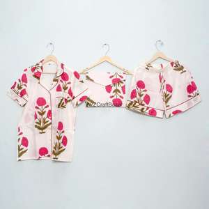 Ensemble de pyjama court élégant pour femme, imprimé floral, col en V, 100% coton pur, respirant, doux, fermeture à cordon, été - Product Image 2