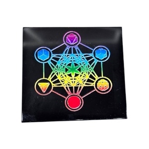 High Quality Black Obsidian Square Coaster 3D 7 Chakra Symbol Wholesale Natural Crystal Healing Energy Feng Shui Meditation - Product Image 1