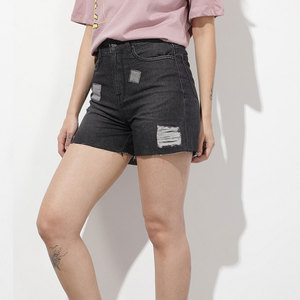 Shorts de mezclilla rasgados de cintura alta para mujer, casuales, con cinco bolsillos, cierre de botón, desgastados, de lona de algodón. - Product Image 3