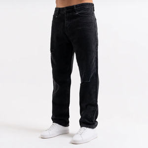 Jeans en denim brodés à jambe droite, neutres, de haute qualité, personnalisés, délavés, coupe amincissante, style streetwear, effet froissé, pour le marché urbain - Product Image 5