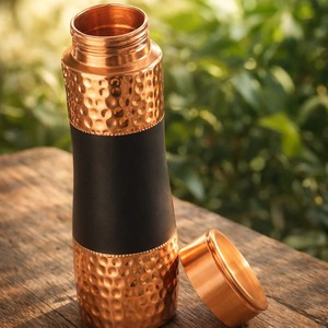 Luxury Tactile Anti Slip Solid Copper Water <b>Flask</b> Dual Segmented Hammered Trim Beaded Border - Product Image 1