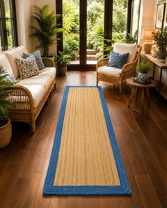 Rustic Blue Border Jute <b>Runner</b> <b>Rug</b> Natural Beige Handwoven Natural Fiber Boho Farmhouse Entryway Hallway Handmade Floor Carpet - Product Image 5