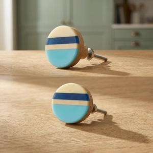 Bouton de tiroir rond en résine et bois, écologique, multifonctionnel, avec rayures bleues et beiges, style moderne, pour poignée de meuble de chambre - Product Image 4