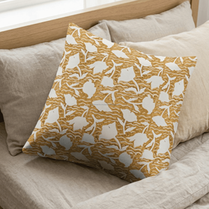 Decorative Yellow Block Printed Square Sham Cover in Lotus Floral Decor for Minimal and Modern Decor Printed Pillowcase - Product Image 1