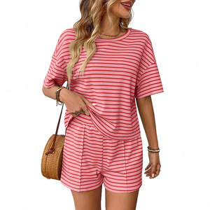 Women's Summer New <b>Knitted</b> Round Neck Short Sleeved Shorts Striped <b>Set</b> Fashionable Casual Short Sleeved Shorts Sports <b>Set</b> - Product Image 2