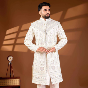 Sherwani para Hombre con Cuello Mandarín, Diseño de Malla Cibernética, Sin Arrugas, para Bodas y Fiestas, con Tacto Divino Premium, Ropa Tradicional - Product Image 1
