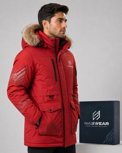 NASWEAR Men's <b>Red</b> Hooded Parka <b>Jacket</b> with Fur Trim <b>Waterproof</b> Down Filled Winter Coat Long Length Casual Style Parka Jacekt - Product Image 2