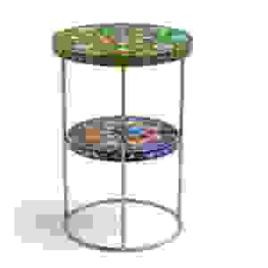 Table d'appoint ronde artisanale avec incrustations en os et structure métallique – Table d'appoint décorative à deux niveaux multicolore pour salon et chambre - Product Image 1