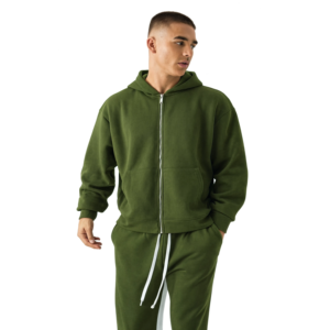 Men's Olive Green <b>Hooded</b> Tracksuit Full <b>Zip</b> Sweatshirt and Jogger Pants Set Solid Color Casual Wear Autumn Outfit - Product Image 3