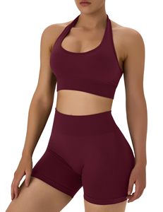 Women Plus Size Solid Stretchy Compression Gym Fitness Yoga Wear Backless Halter Bra Breathable High Waist Leggings 2-Piece Set - Product Image 5
