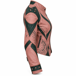 Women Dusty Pink Leather Biker Jacket Printed Snail Graphic Dark Green Accent <b>Studded</b> Collar Custom OEM ODM Outerwear Wholesale - Product Image 3