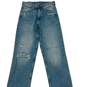 Vente en gros – Jean en coton tricoté respirant pour femme, coupe droite, décontracté, uni, simple, taille mi-haute avec ceinture, clair/foncé, été/hiver, OEM - Product Image 1