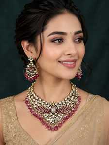 PingBling Luxury Ethnic Peacock Kundan Necklace <b>Set</b> Matching Earrings Pink Beaded Statement <b>Jewelry</b> Women's Engagement Wedding - Product Image 1