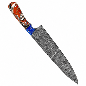 Couteau de chef à manche multicolore bleu, rouge, orange, motif Damas, lame longue gris argenté, outil de découpe et de hachage de viande pour la cuisine - Product Image 5