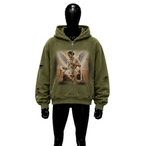 Sudadera con capucha para hombre, color verde oliva, con cremallera, estampado de ángel, de algodón, estilo casual, de felpa francesa. - Product Image 1